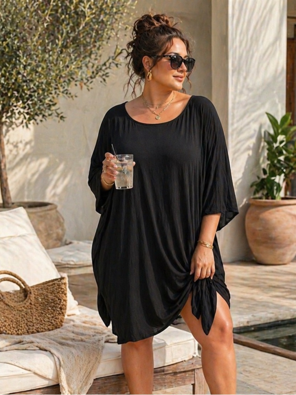 Michael Kors Black Swim Cover Up Tunic Dress XXL Flowing Resort Minimal Side tie